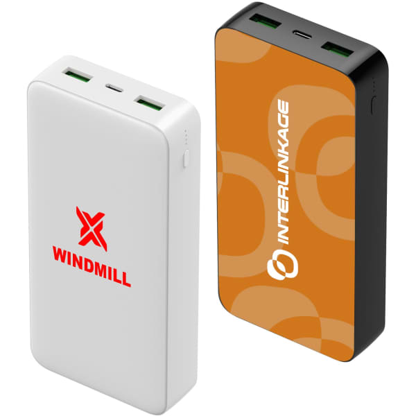A white and orange power bank with dual USB ports and branding on one side.