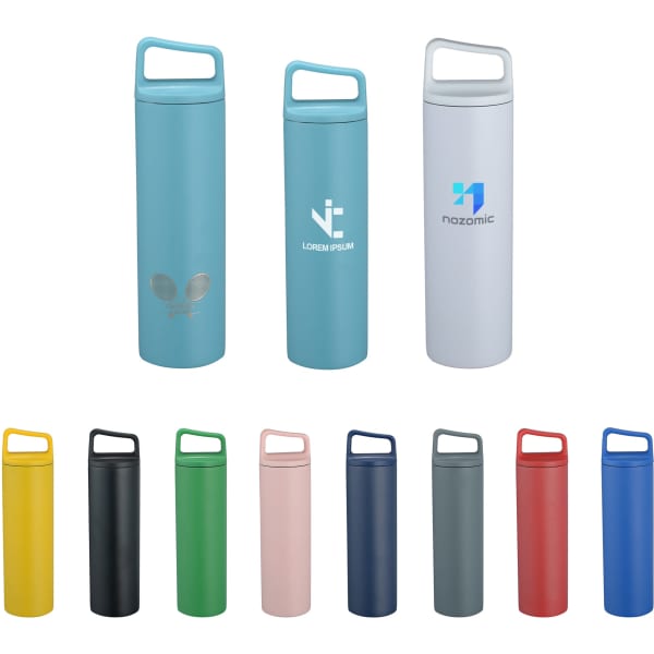 A drink bottle collection featuring various colours including blue, white, yellow, black, green, red, and blue, with handles and logos.