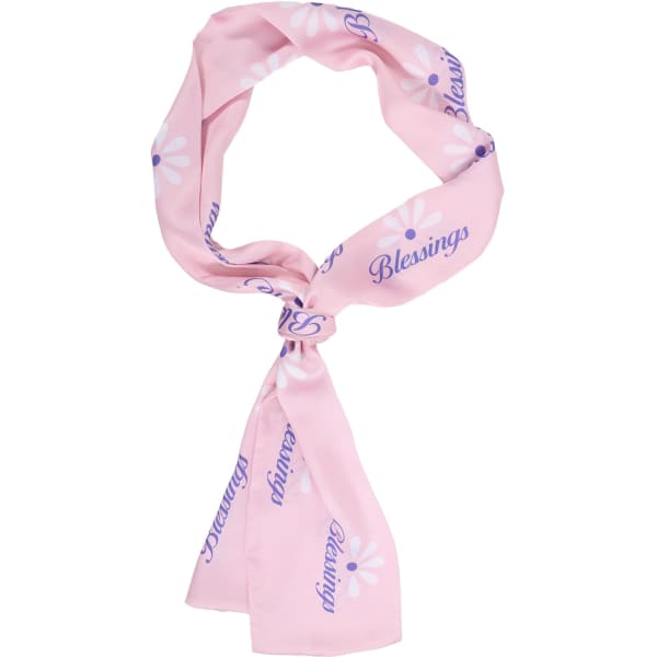 A pink chiffon long scarf featuring text and designs, with a logo present.