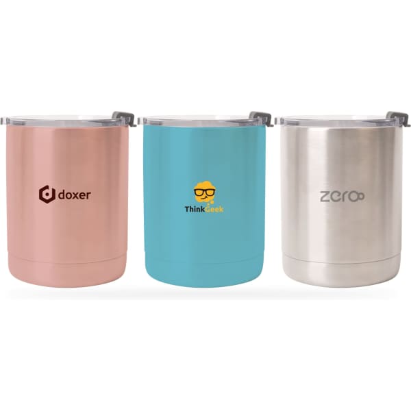 A drink bottle set featuring three 10oz stainless steel tumblers in rose gold, blue, and silver, each with a logo.