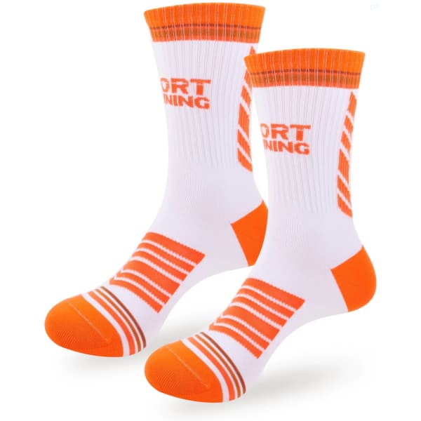 A pair of white sport socks with orange accents and stripes, featuring a logo on the upper part.
