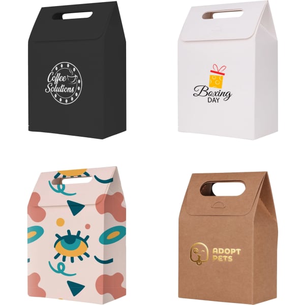 Die cut handle bags in various colours: black, white, pink, and brown, featuring different designs and logos.