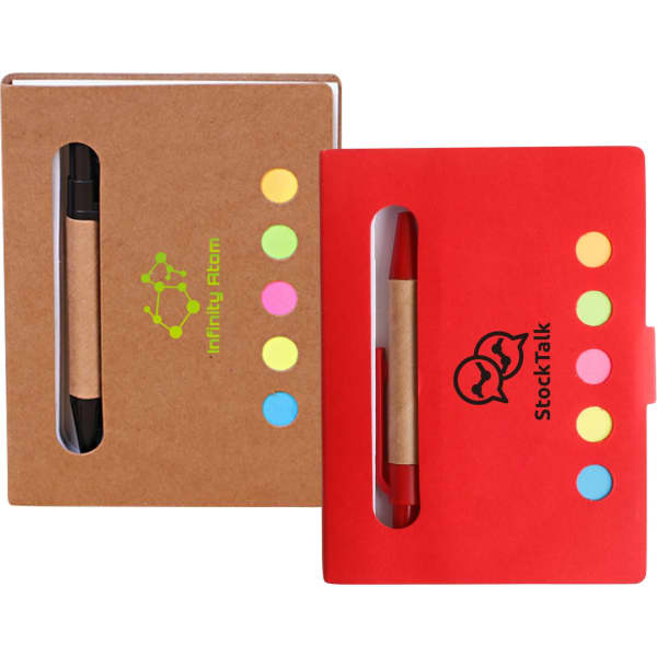 A red and brown sticky notes holder featuring a pen and colourful sticky notes, with logos on both covers.