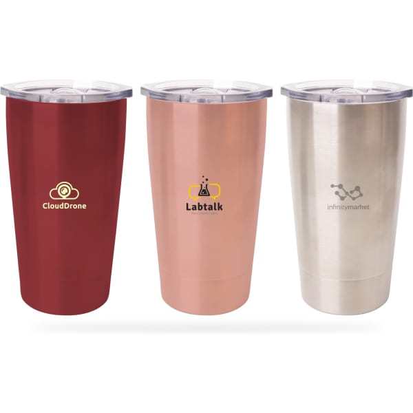 A drink bottle set featuring three 12oz stainless steel tumblers in red, rose gold, and silver, each with a logo.