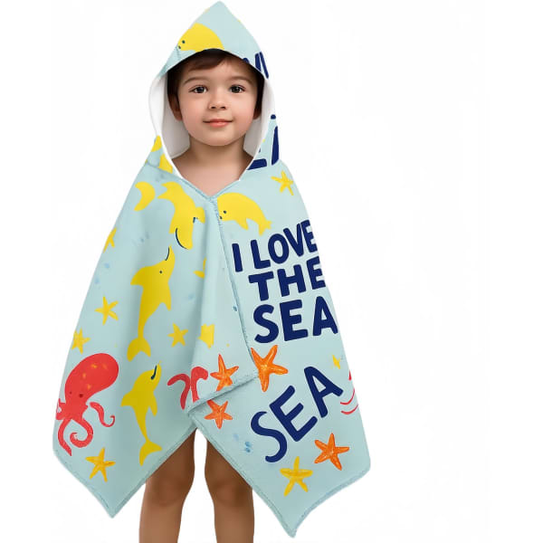 A kids' hooded towel surf shawl in aqua featuring colourful sea creatures and playful text, complete with a hood. 