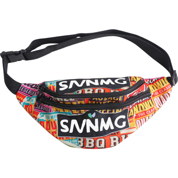 A vibrant full colour bum bag featuring a mix of bold patterns and a logo, with an adjustable strap.