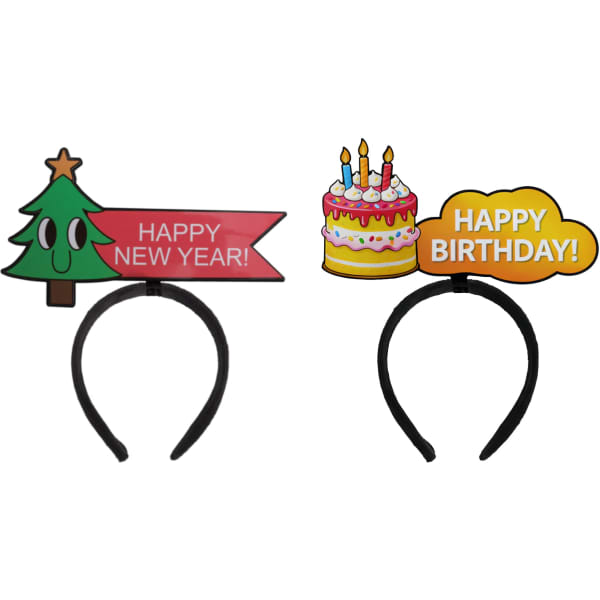 A glossy coated headband with a Christmas tree and a birthday cake design, featuring festive colours and a logo.