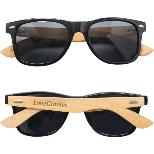 Bamboo sunglasses featuring black lenses and natural bamboo arms, with a logo on one side.