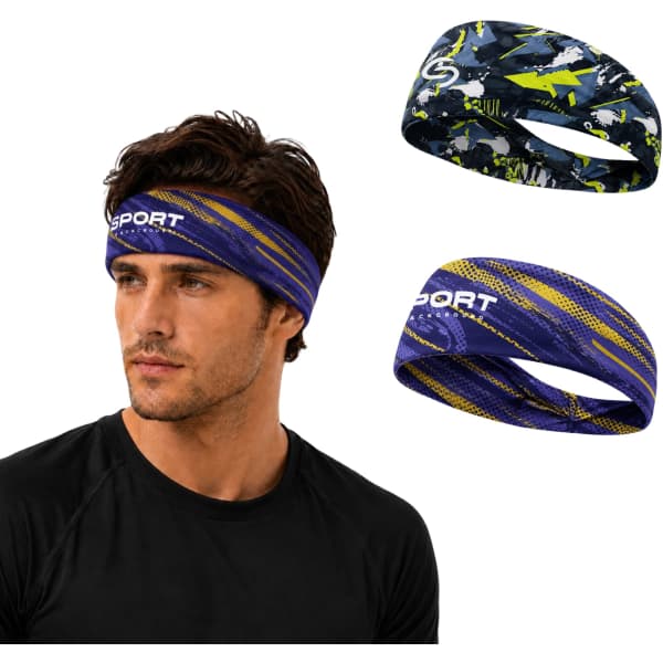 A man wearing two stylish brushed polyester thermal headbands in blue and patterned designs, featuring a logo.
