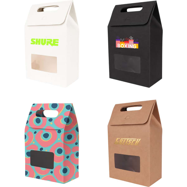 Die cut handle bags in white, black, brown, and patterned designs featuring clear windows and various logos.