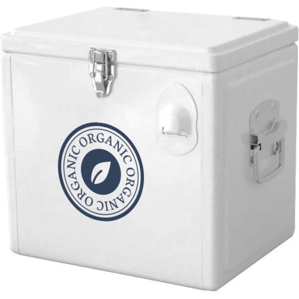 A white metal cooler box with a logo on the front and a secure latch closure.