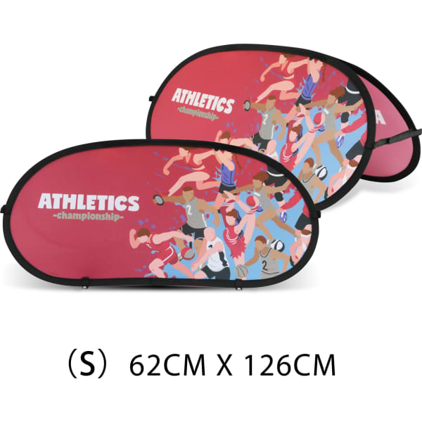 Oval-shaped pop-up banners in red, featuring colourful athletic illustrations, with a prominent logo and dimensions of 62cm x 126cm.