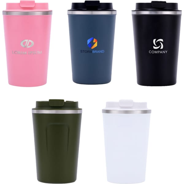 A set of five 380ML stainless steel coffee mugs in pink, dark blue, black, olive green, and white, featuring various logos.