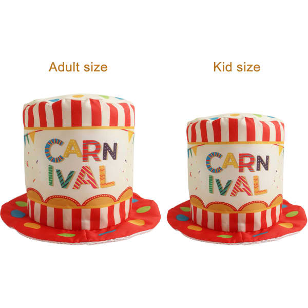 Two custom digital printed top hats in adult and kid sizes, featuring a striped design with bright colours and circular patterns.