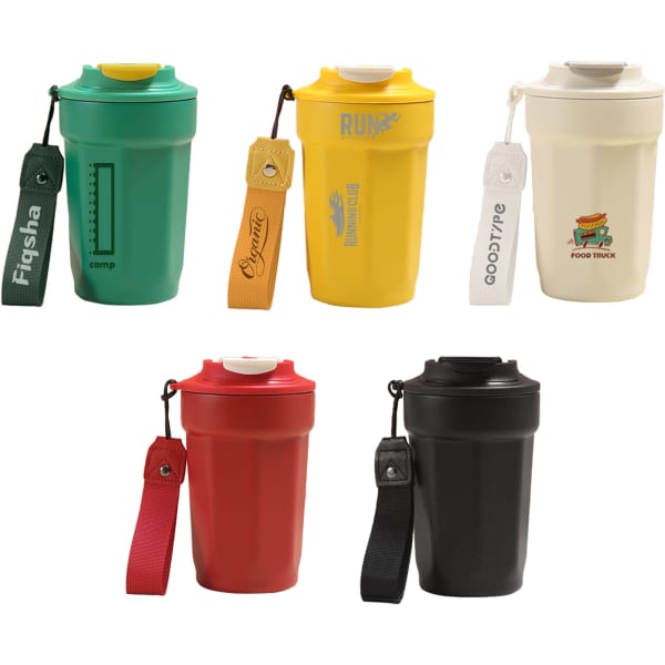 A drink bottle collection featuring green, yellow, red, black, and white options with various designs and logos.