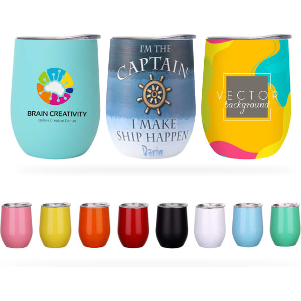 A collection of reusable coffee cups in various colours, featuring different designs and a logo on some cups.