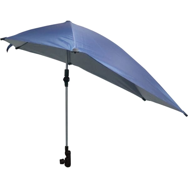 A blue adjustable umbrella with a universal clamp for attaching to various surfaces. Features a sturdy pole and sleek design.