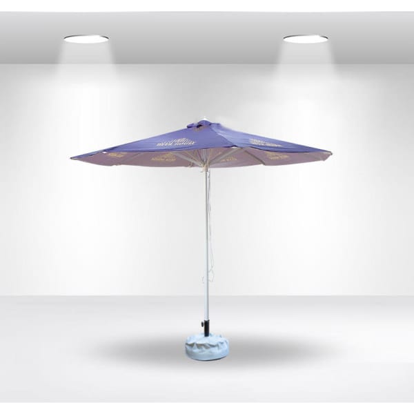 A purple round market umbrella with a light blue base, featuring a central pole and branding.
