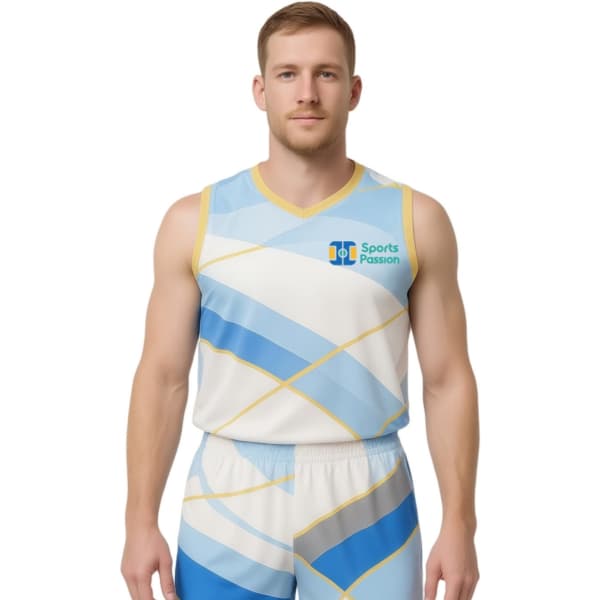 A sleeveless sport jersey in blue and white with a geometric pattern and logo on the front.