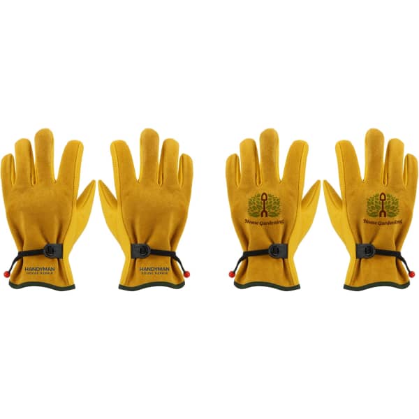 A pair of yellow cowhide gardening gloves with adjustable wrist straps, featuring a logo on one glove.