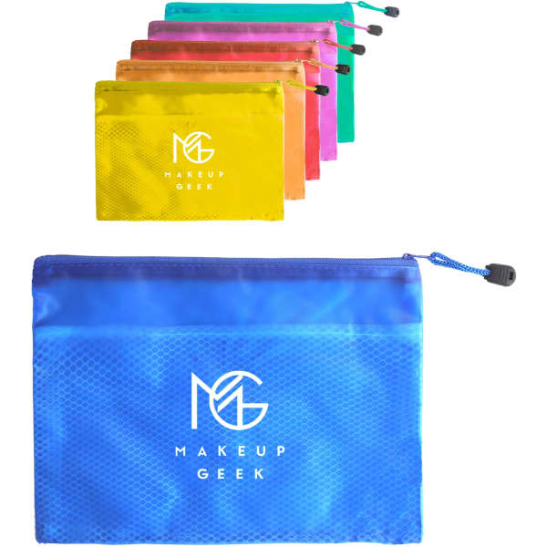 A series of zippered pouch bags in vibrant colours: yellow, pink, orange, and blue, each featuring a logo.
