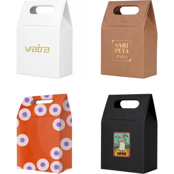 Die cut handle bags in white, brown, orange with patterns, and black, featuring various logos and designs.