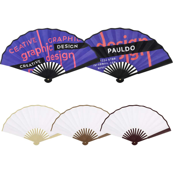 A set of decorative hand fans, featuring a purple design and plain bamboo finishes in white, gold, and brown.