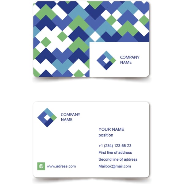 A PVC business card featuring a geometric pattern in blue, green, and white, with a logo present.