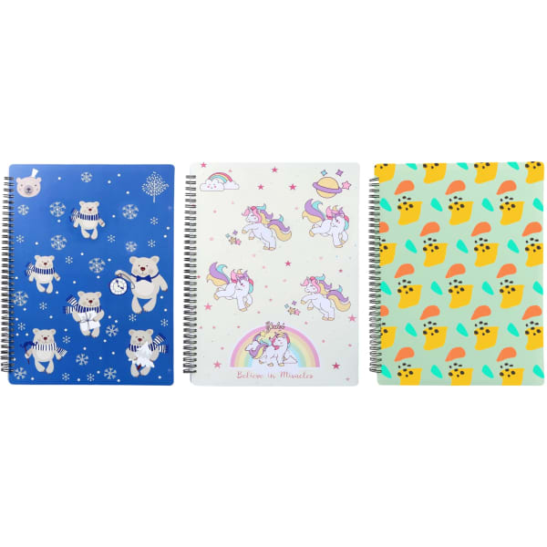 Three spiral-bound folders with varied designs: blue with bears, white with unicorns, and vibrant patterns of ice creams.