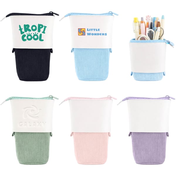 An assortment of expandable pencil cases in various colours, each filled with pens and stationery items, featuring logos.