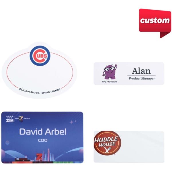 Custom PVC name badges in various shapes and designs, featuring multiple colours and a logo.