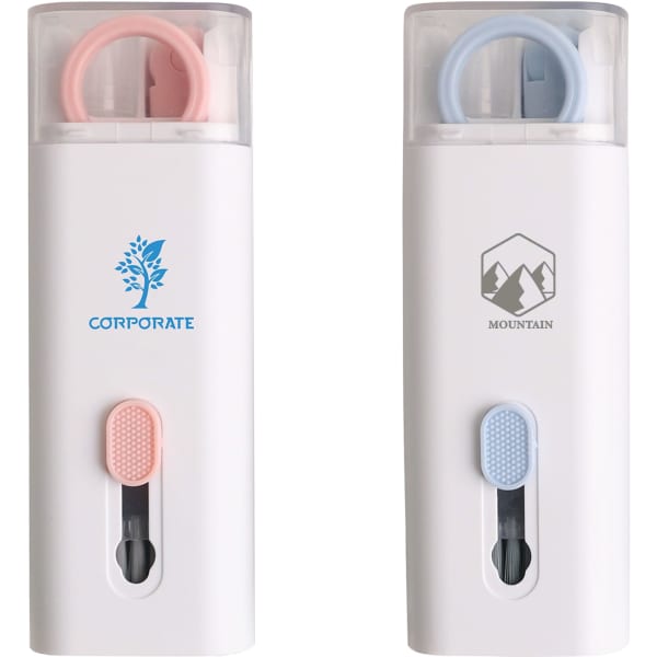 Two white cleaning kits with pink and blue caps, featuring a button and a small window to view contents. Each has a logo.