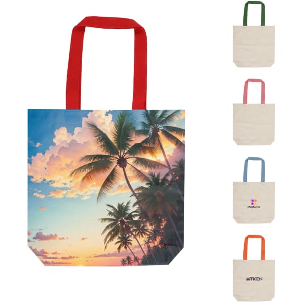 A vibrant canvas tote bag featuring a sunset and palm tree design, with red straps and multiple colour options displayed.