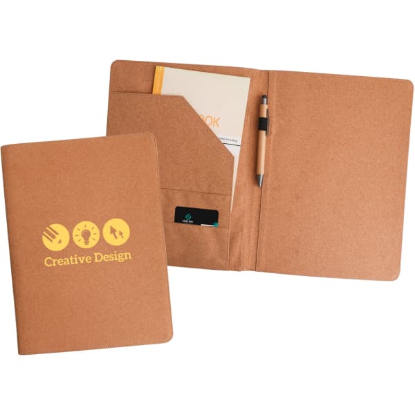 A4 cork folder in a tan colour with an interior pocket and pen holder, featuring a logo on the front.
