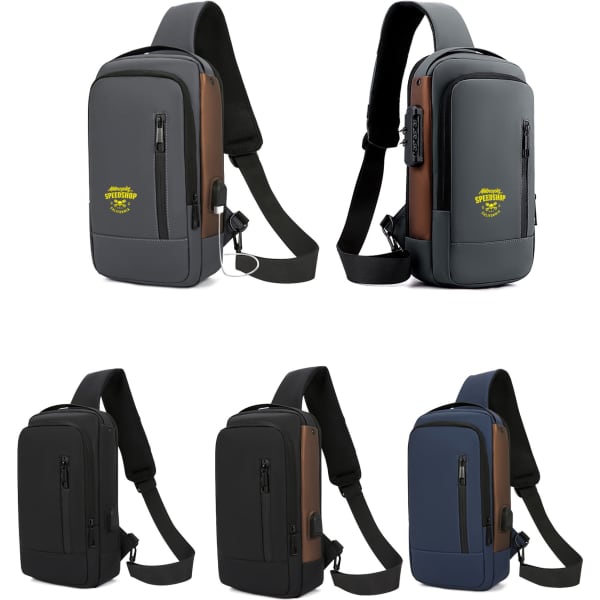 A collection of anti-theft sling bags in grey, black, and navy, featuring various pockets and a logo.
