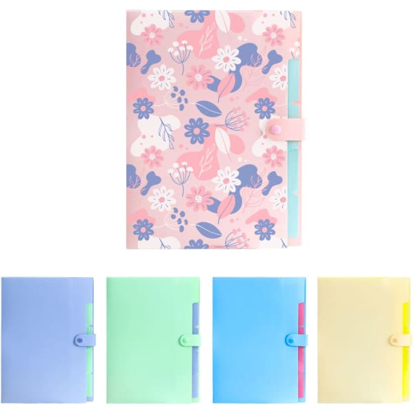 A4 expandable file folder in pink floral design with four solid colour options: blue, green, light blue, and yellow.