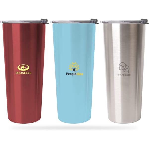 A drink bottle collection featuring a red, light blue, and stainless steel tumbler, each with a logo.