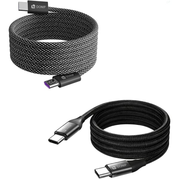 A magnetic round braided charging cable in black, featuring USB connectors and a logo.