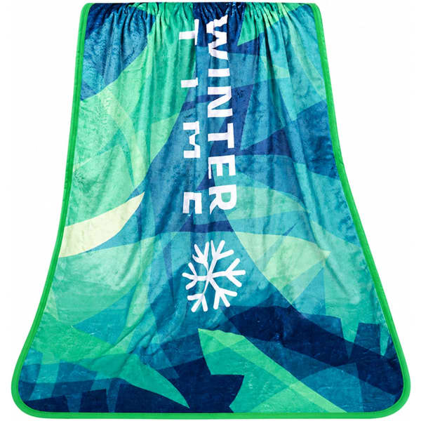 A flannel blanket in shades of blue and green with a winter theme and a logo.