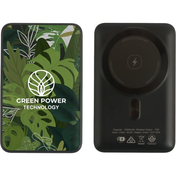 A magnetic power bank featuring a full colour print design with green foliage. It has a logo on the front.