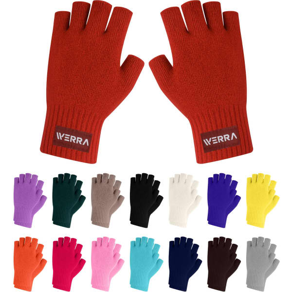 Fingerless gloves in various colours, including red, purple, black, and white, featuring a woven label.