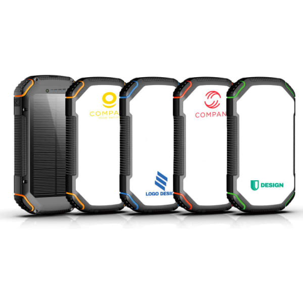 A collection of four rugged, black solar wireless power banks with various logo placements and colourful accents.