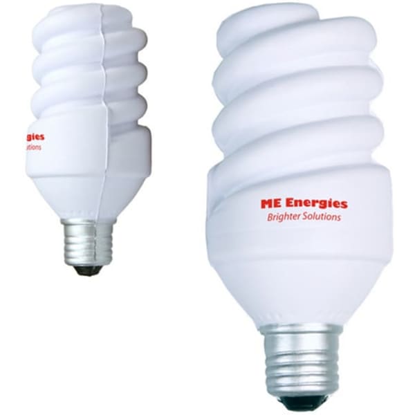 A white, twisty light bulb-shaped stress reliever with a branding logo, designed for fun and relaxation.
