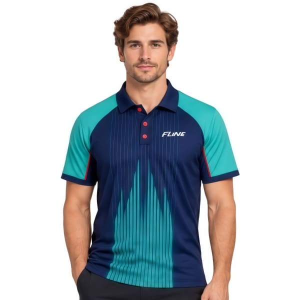 A men's polo shirt in navy blue with teal and red accents, featuring a logo and a modern geometric design.