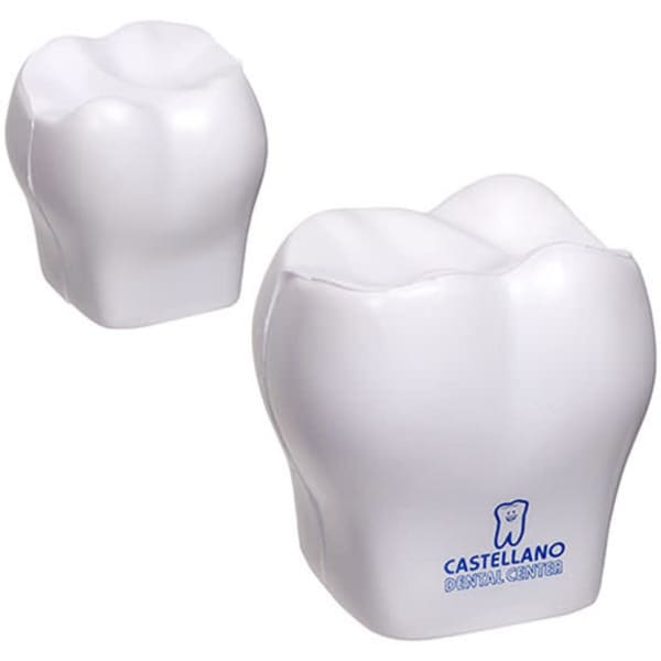 A white stress reliever shaped like a tooth, featuring a logo on the front.