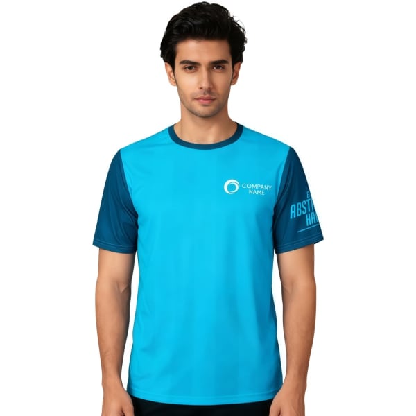 A blue and turquoise 100% polyester sublimated tee shirt featuring a logo on the chest and text on the sleeve.