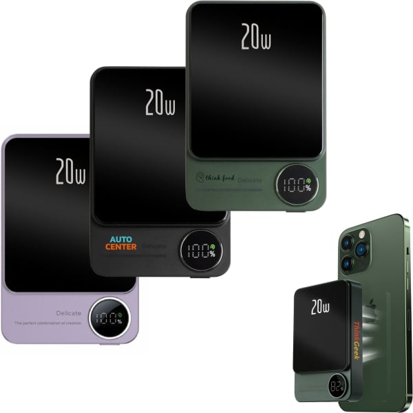A collection of three 10000mAh magnetic wireless power banks in lavender, black, and dark green, with digital displays.
