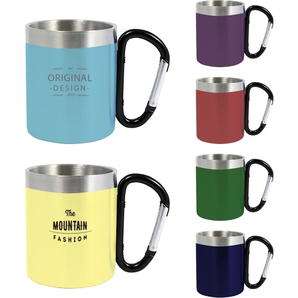 A drink bottle featuring a recycled stainless steel double-walled design with a carabiner handle, available in multiple colours.