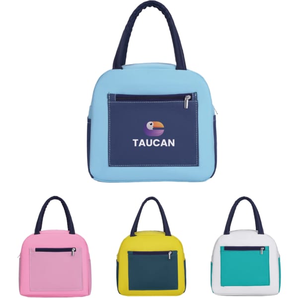 A colourful insulated lunch bag in blue, pink, yellow, and white, featuring a front pocket and a logo.