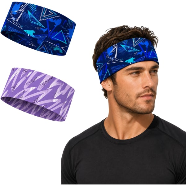 A set of two wide headbands in blue and purple patterns, displayed on a model. Each band has a logo.